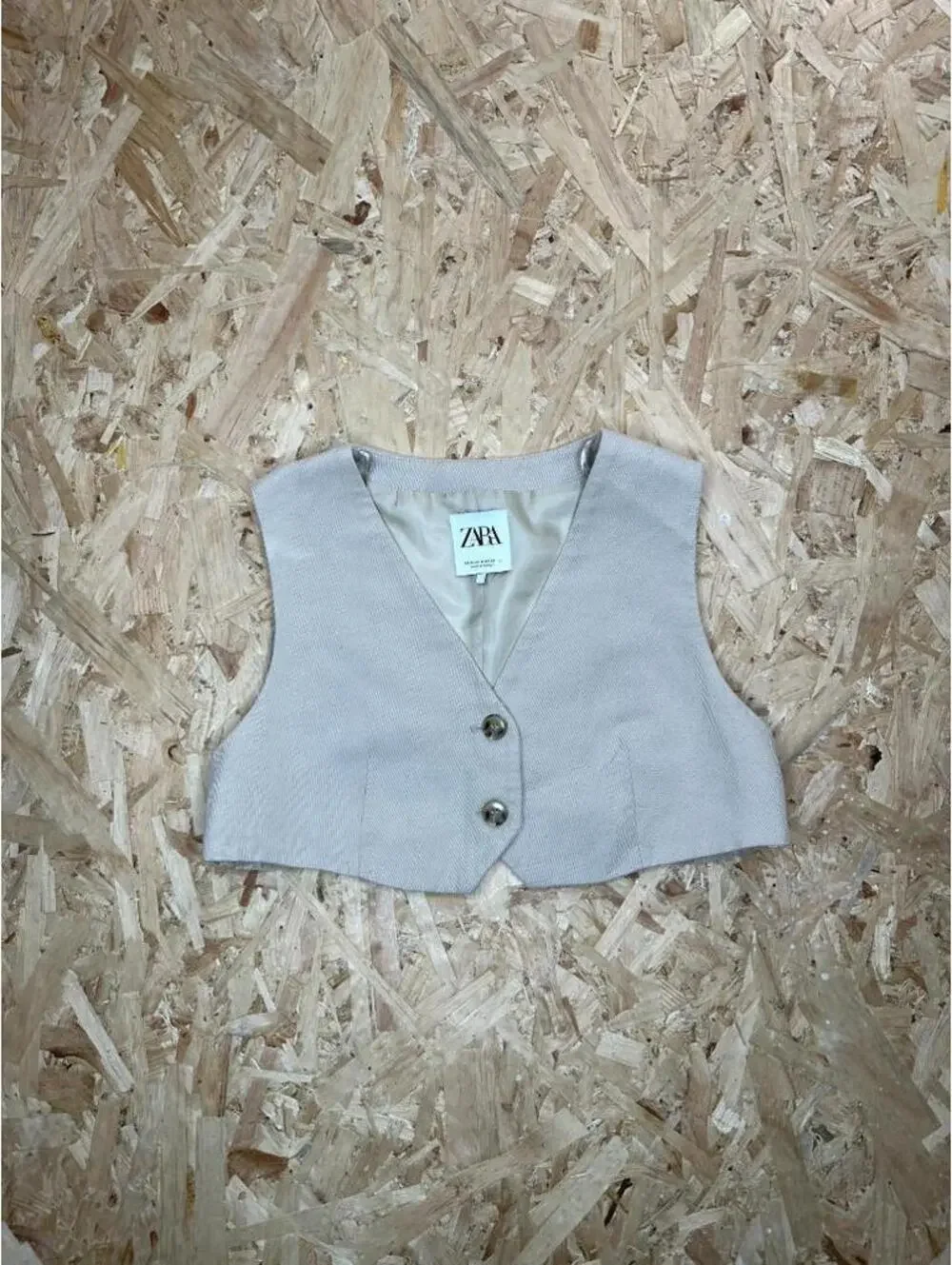 Zara Cropped Vest Womens Medium Beige Twill V-Neck Button Front Tailored
